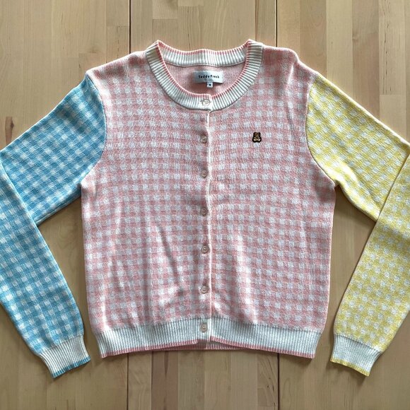 Teddy Fresh Women's Pastel Checkered Colorblock Cardigan size Medium - Picture 1 of 5